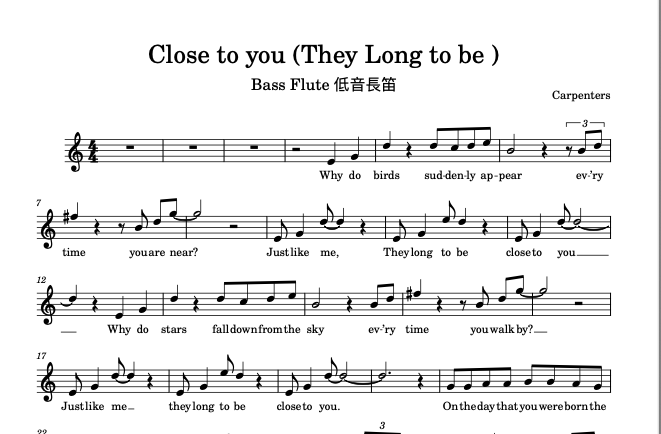 Close to you 靠近你 Bass Flute 低音長笛樂譜:圖片 2